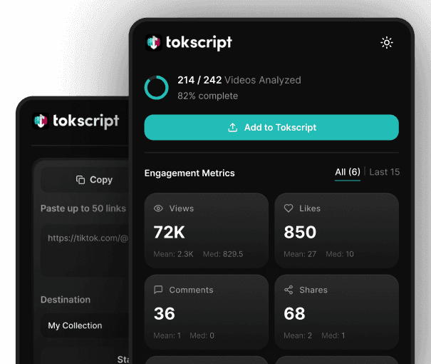 TokScript Chrome extension showing one-click transcript extraction on a TikTok video