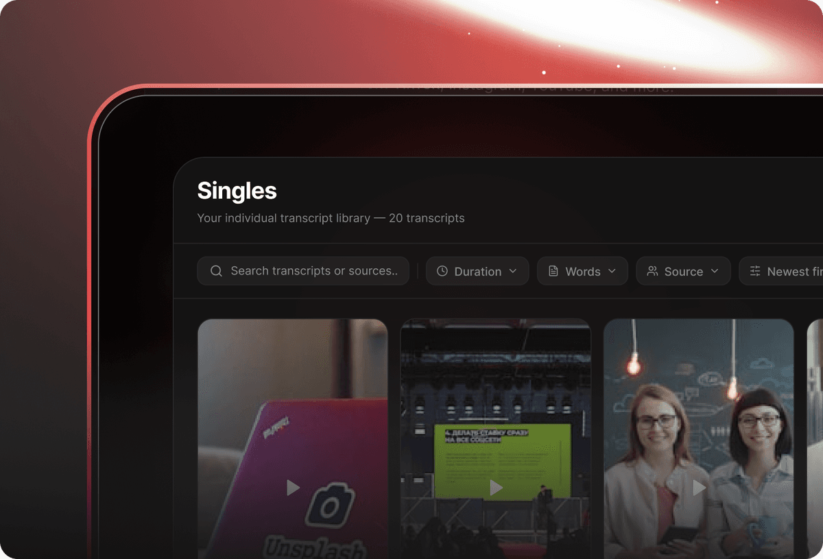 Cloud transcript library with saved YouTube transcripts organized by date