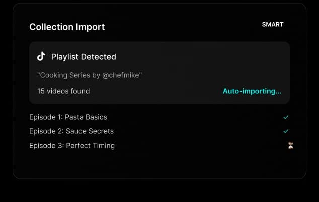 Collection import interface showing TikTok profile videos being bulk downloaded