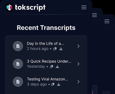 TokScript Chrome extension showing one-click transcript extraction on a TikTok video