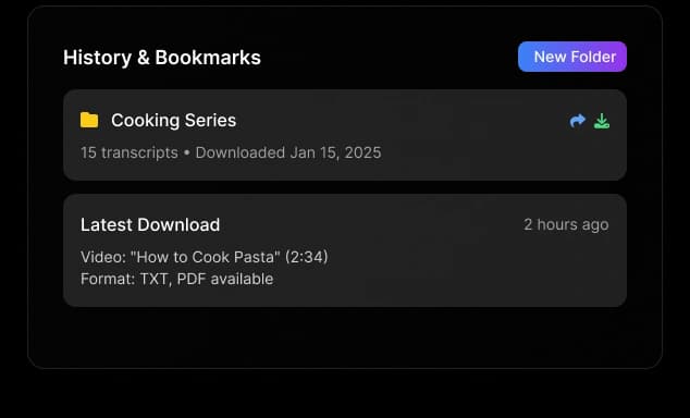 Transcript history panel showing previously processed videos